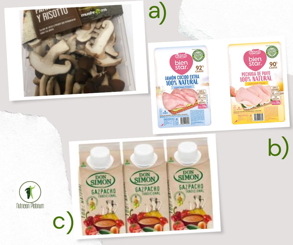 Setas con jamón de york o pechuga de pavo y gazpacho.